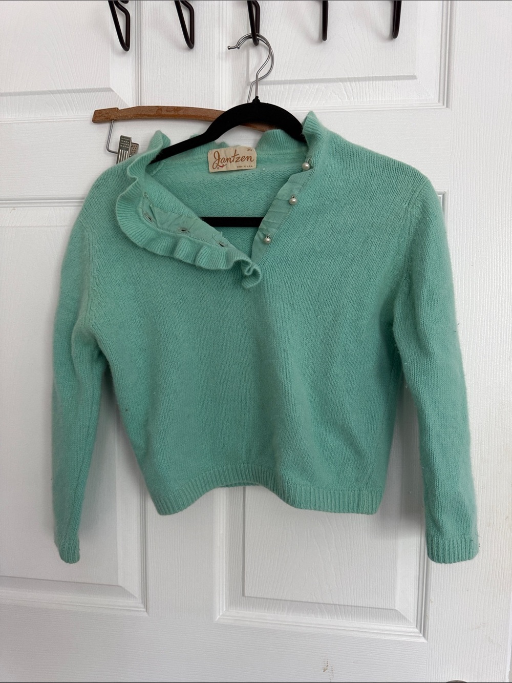 Jantzen Mint Green Ruffled Pearl-Button Crew Sweater